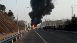 Oil tanker on fire on highway