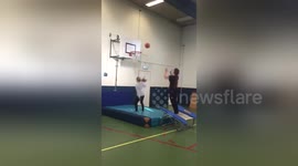 Cool, multi-person basketball trick shot