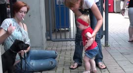How one-year old baby train puppy