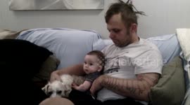 6-month-old Baby Learns to Pet Cute, Patient Dog