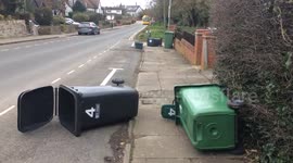 Storm Doris blows empty rubbish bins away