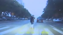 Man has no time to avoid car jumping onto bonnet