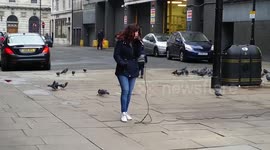 Pigeons Flock Around Old Women