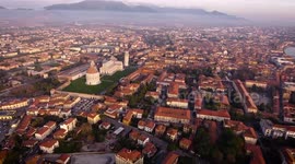 Aerial shot, Piazza dei Miracoli in Pisa city in Tuscany, Italy, filmed with drone, 4K