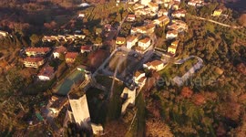 Aerial shot of an old fortress ruins in Tuscany, Italy, 4K