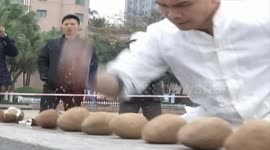 Chinese martial artist breaks world record by smashing coconuts with bare hands