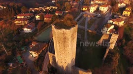 Aerial shot, an abandoned ancient tower in Tuscany, Italy, 4K