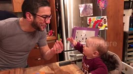 Father explains object permanence phenomenon with cucumbers
