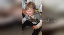 Baby boy can't stop laughing while playing with dog 'best friend'