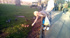 UK Weather: First day of Spring Tourists feeding squirrel at St Jams Park,London,kK.