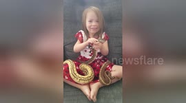 Adorable three-year-old plays with pythons