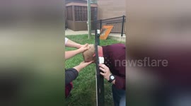 Uncle gets head stuck in children's photo op stand