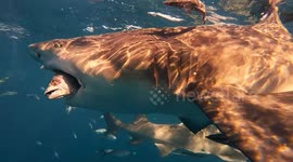 Incredible close-up footage of large sharks grabbing bait