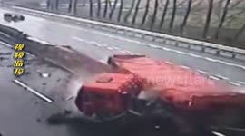 Out-of-control lorry crashes into central reservation on motorway