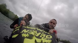 Montage of people dramatically falling off jet ski inflatable