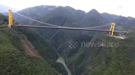 Aerial footage of the world's longest suspension bridge in China