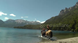 Fall down while riding a wild horse into the water in Patagonia Argentina. Scene 2 with Static Cam