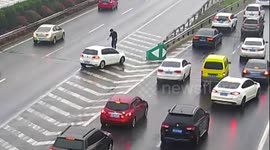 Lorry driver blames hatchback for causing crash, jumps on bonnet