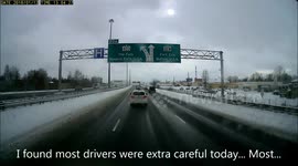 Motorist dashing through the snow gets slowed down in a hurry.
