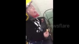 Toddler who can't eat because he has a helmet on gets upset