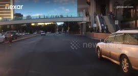 Shirtless jaywalker gets rammed by driver on Spring Mountain Road, Las Vegas