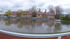 Drone footage of flooded streets in Montreal, Quebec, Canada