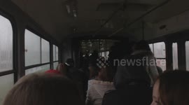 Inside of a full tram at rush hour in Sarajevo