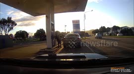 Stop pumping petrol before removing pump from car! Dashcam footage New Zealand