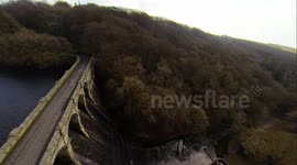 Quadcopter Drone flight of Burrator dam. Dartmoor