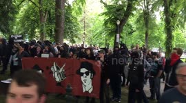 Line of Antifa protesters at pro-Trump free speech rally Portland