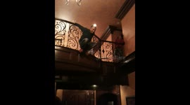 Drunk Guy at party jumps off upstairs rail!