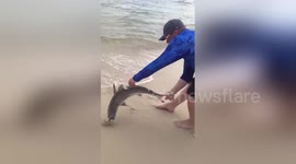 Beachgoers ecstatic over shark caught by fisherman