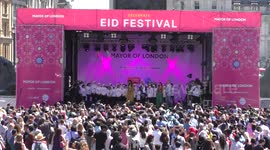 Speakers Sadiq Khan to the crowd at Eid Festival in Trafalgar Square, London, UK