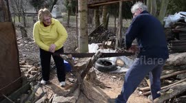 Old people sawing Winter fuel wood