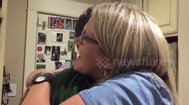 Young man surprises his mother after trip abroad
