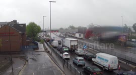 Blackwall tunnel traffic chaos due to large garage fire. London, UK.