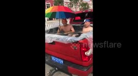 Pickup carriage transformed into 'swimming pool'