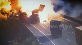 Massive explosion when lorries collide on Chinese motorway