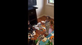 Naughty triplets making a mess caught red-handed by father