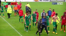Soccer coach makes beeline for opposition players after full-time whistle