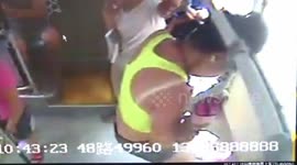 Woman does gymnastic exercises on bus