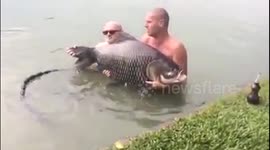 Hilarious moment giant carp slaps British holidaymaker in face