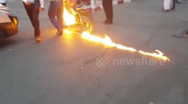 Motorcycle goes on fire in main square Marakech, Morocco!