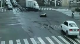 Motorcyclist crashes and slides 20 metres on road