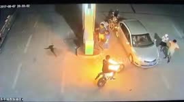 Motorbike catches fire at petrol station