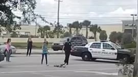 Police officer stops traffic for duck family crossing road