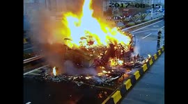Lorry bursts into flames on road