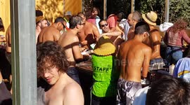Rowdy Portugal football fans play music on dishes