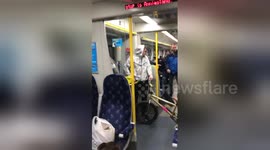 Newsflare Edit - A train fight on 334011 at Anniesland after an Old Firm Rangers Celtic football match in Glasgow