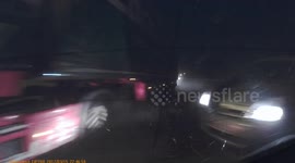 Big semi truck (lorry) runs up the back of two cars causing an epic crash